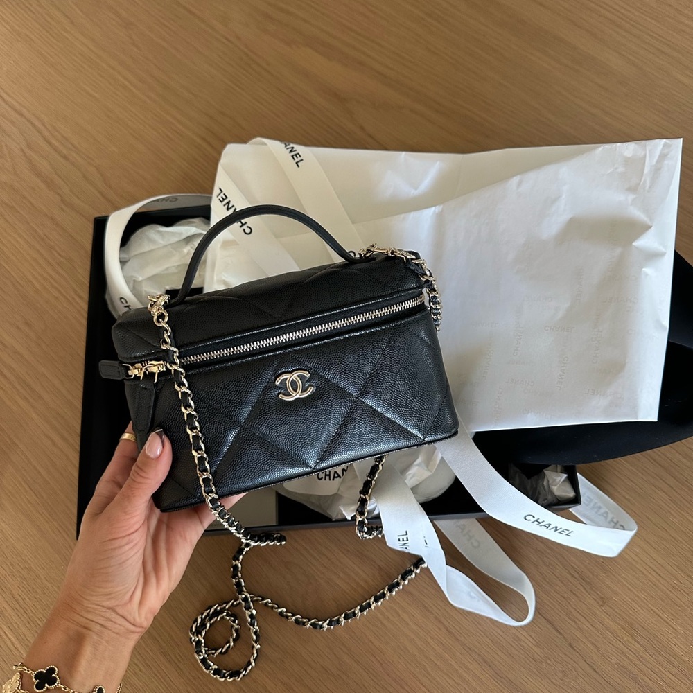Chanel 25k Black Quilted Caviar Top Handle Slim Vanity Crossbody Bag